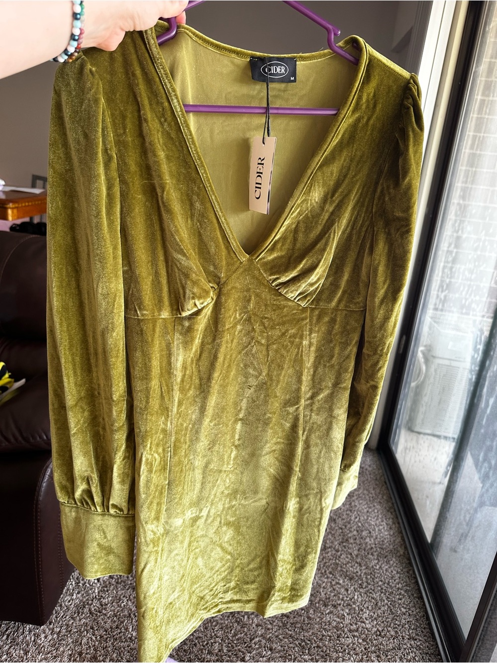 Cider Olive Green Velvet V-Neck Long Sleeve Mini Dress